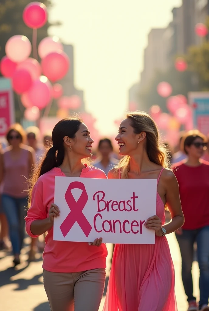 35mm film photography, A lively street scene with an Asian woman in a pink shirt walking alongside a Caucasian woman in a pink dress, both holding a sign that reads 'Breast Cancer Awareness Month,' with colorful banners and balloons floating in the background, under a bright sun., high detail, pastel, soft tones, golden hour glow