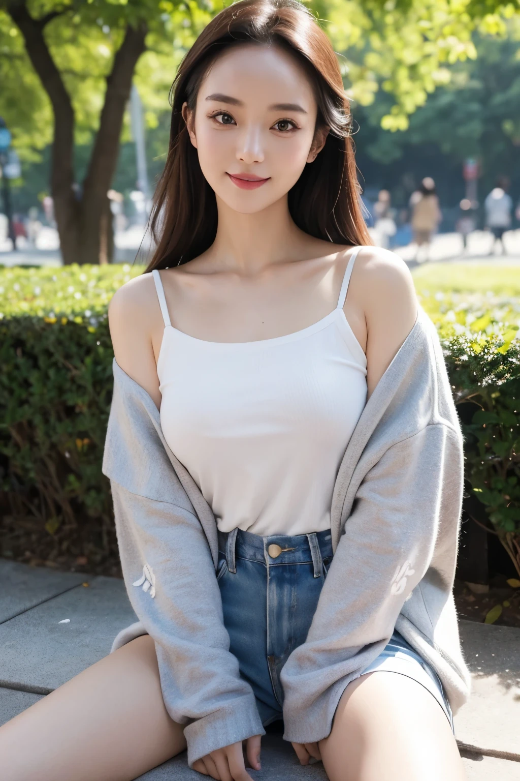 Top quality, 1 beautiful kawaii female model, Japanese, front facing, Wide forehead, Wide forehead, thin eyebrows, Gravure model's body type, Large bust, From the knee up, Asymmetrical clothing, high-quality clothing, wearing lux fashion, influencer, instagram, half smile, , smile, Photo taken by boyfriend, Morning, sunny day, in the park, in summer