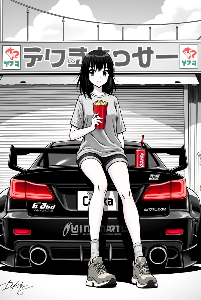 Create a striking monochromatic manga-style illustration with selective red accents, featuring a young anime girl perched on a modified Lexus IS200 sports car. The scene is set in an urban environment with a convenience store backdrop. The central character is a slender age girl with medium-length dark hair and large, expressive eyes. She's wearing a loose-fitting top, shorts, and sneakers, sitting casually on the trunk of the car. She's holding a red McDonald's fries container, with a Coca-Cola can nearby. The Lexus IS200 is heavily customized with racing modifications, including a lowered suspension, wide body kit, and prominent rear spoiler. The car's taillights and license plate (reading "L3IKA") are highlighted in red. Racing decals such as "STILLEN" and "Castrol EDGE" adorn the vehicle. The background features stylized horizontal lines suggesting a store facade, with partial Japanese text visible. Incorporate manga-style effects like speed lines and sparkles to enhance dynamism. Use a high-contrast black and white palette with strategic pops of red for visual impact. The illustration style should blend realistic automotive details with exaggerated anime character features. Include subtle textures and reflections on the car's surface to add depth and realism to the scene.