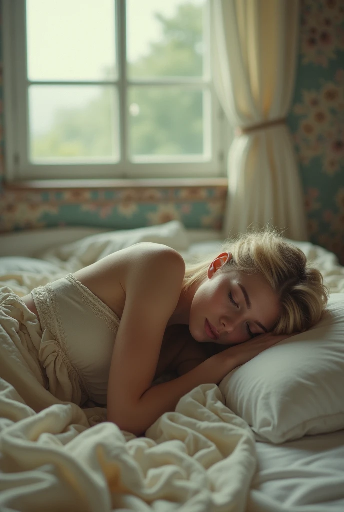 blonde girl, 20. View of the spectator from behind. Lying sideways on her bed, fetal position. Provence. haze. 超detailded. Provence. Foggy . High grain film. retro photography, David Hamilton Style. Analog photography. grainy. nymph.