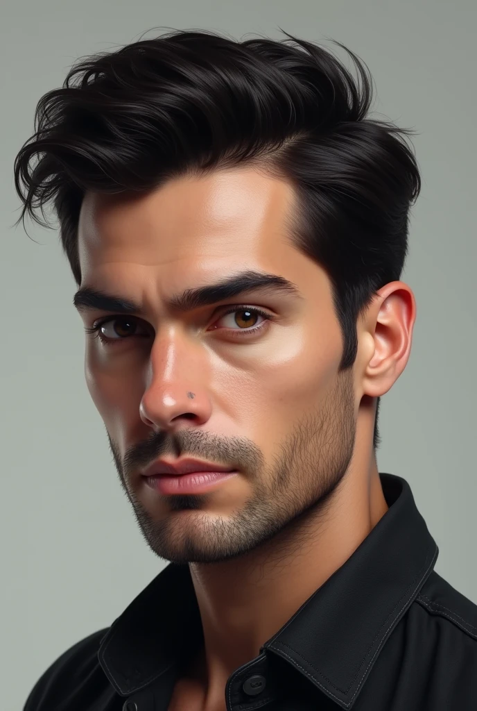 Realistic image of a white man with black hair, aged 30 years old