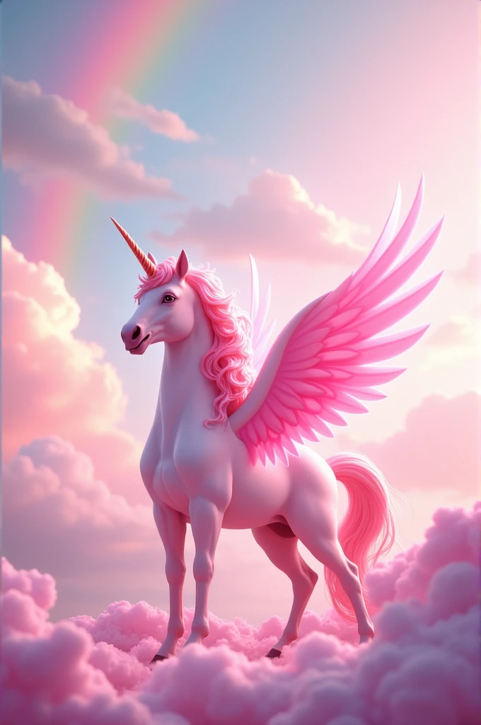 Pink unicorn, with pink wings in a pink sky with rainbows