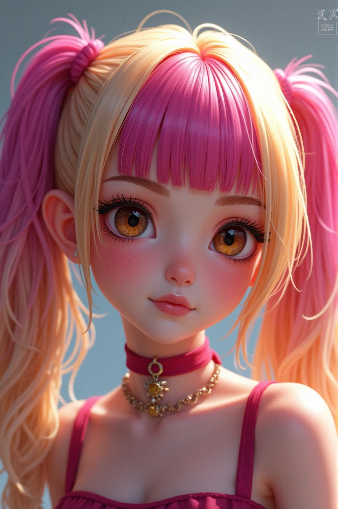 She has blonde hair with pigtails and has magenta bangs and her eye color is dark brown.