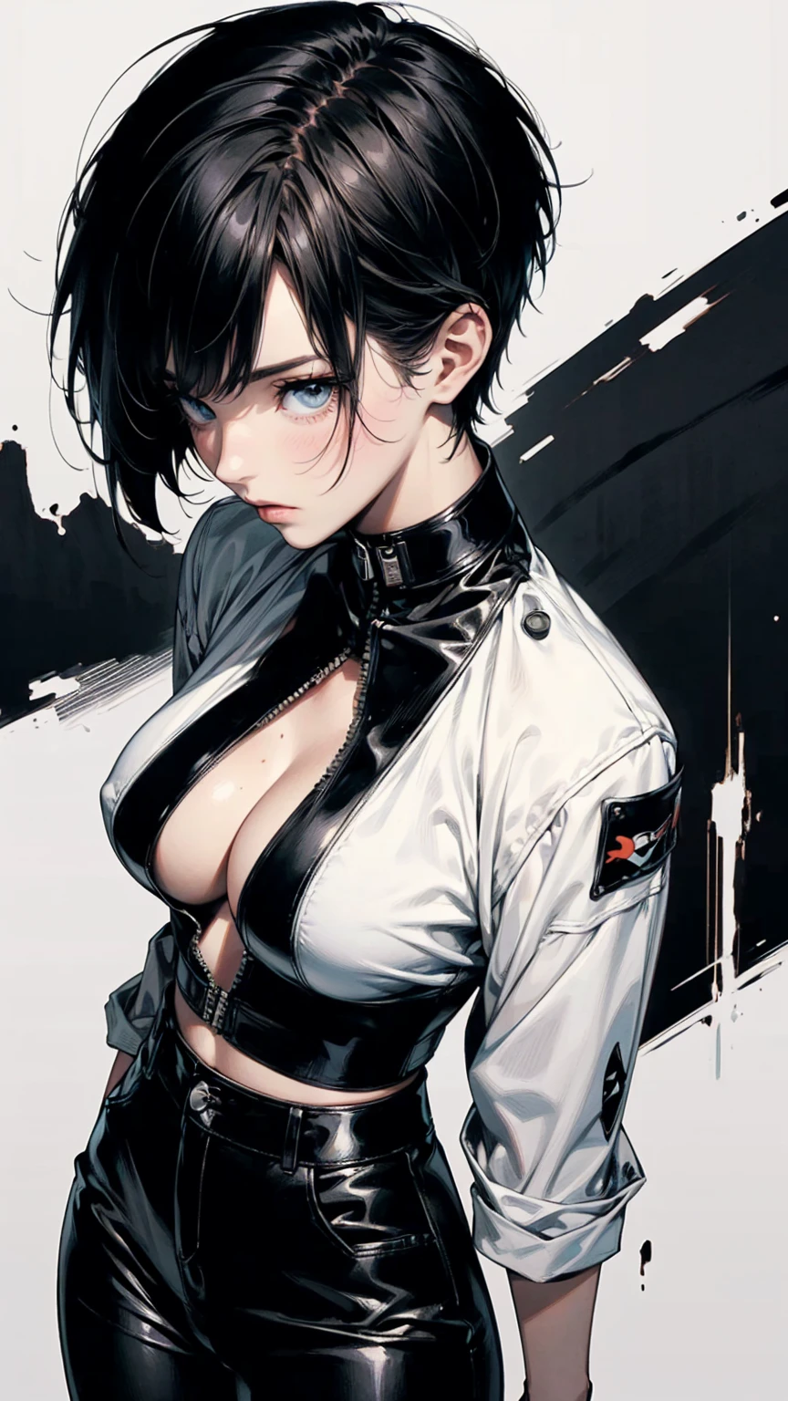 Top view, woman with hands in pockets, Asymmetrical Short Hair, A white Y-shirt with a flyer collage and black leather pants, Exposed cleavage, abstract design, Anime Style, Digital Painting, (masterpiece, High resolution, Highest quality)