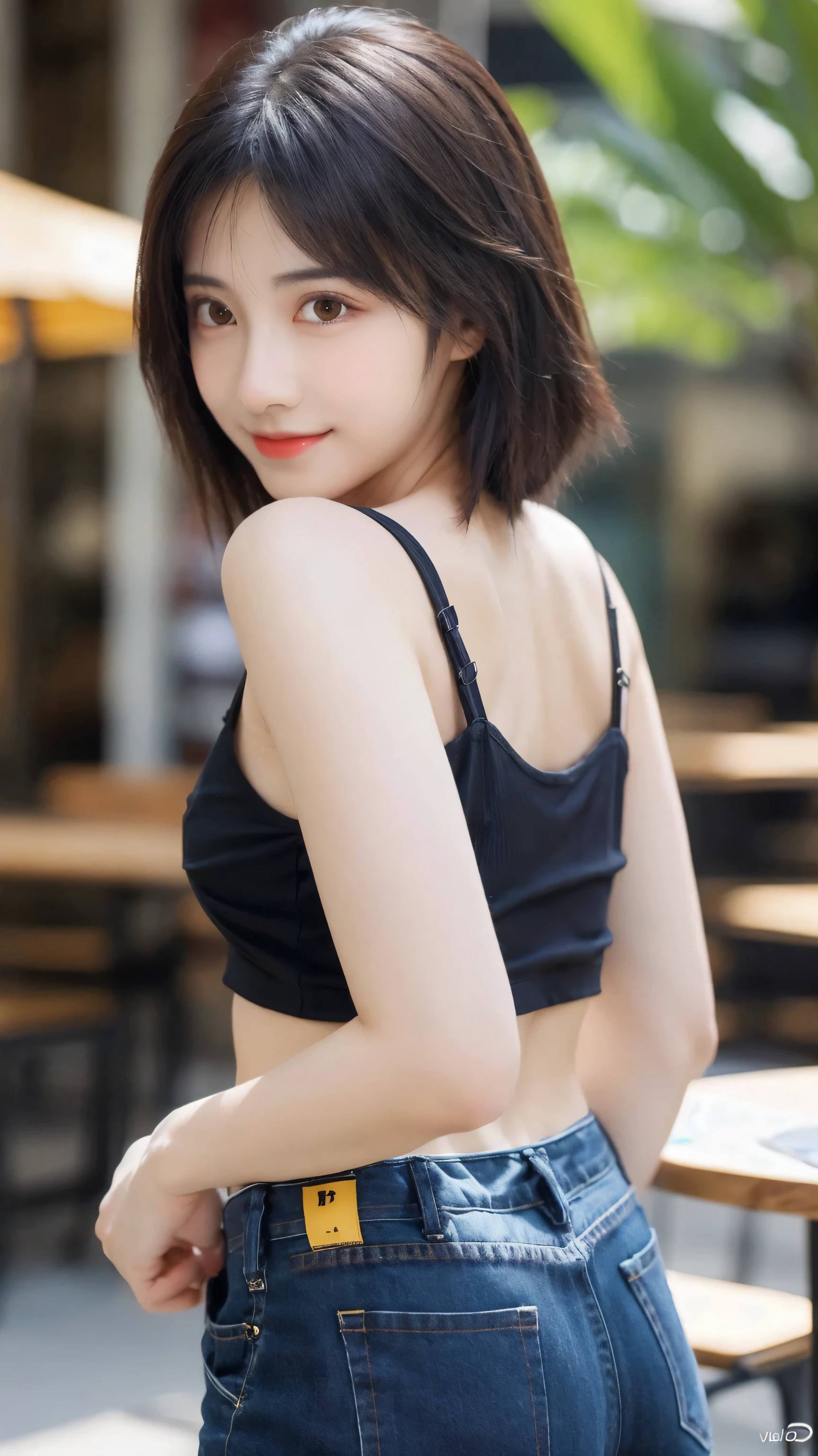 (8k, RAW Photo, Best Quality, Masterpiece:1.2), table top, Ultra Detail, Super Resolution, (Realistic, Realistic Photo:1.37), Portrait, High Detail RAW Color Photo, Professional Photo, Extremely Detailed and Beautiful, Extremely detailed, 8k wallpaper, amazing and detailed, huge file size, official art, highly detailed CG unity 8k wallpaper, highly detailed beautiful girl, highly detailed face, highly detailed eyes, highly detailed skin, highly detailed fingers, highly detailed nose, very detailed detailed mouth , perfect anatomy, highly detailed background, highly detailed clothes, 1girl, ,cute girl, realistic body, fair skin, glowing skin , slim body, handsome body, black hair , Semilong hair, (blunt bangs:1.2), smile, cute, youthful, cute face, realistic face, delicate eyes, drooping eyes, looking at viewer, (from behind), standing posture, Contraposto, dynamic lighting, (medium chest), (Perfect Body Proportions), (slender Body Proportions), tank top, jeans,