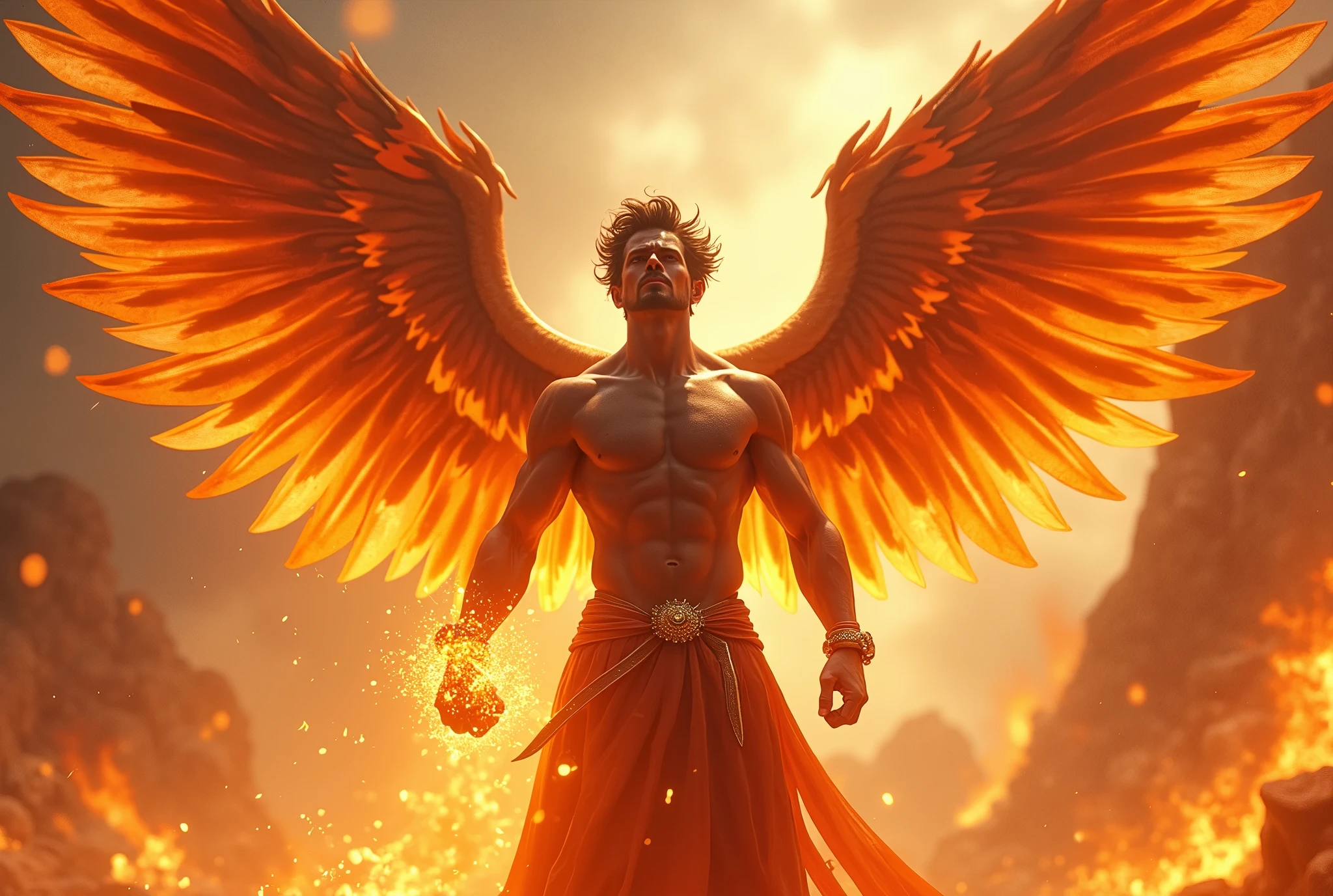 (best quality,4k,8k,highres,masterpiece:1.2),ultra-detailed,(realistic,photorealistic,photo-realistic:1.37),man with phoenix wings on his back,fire surrounding his fist,feathers,captivating expression,flaming wings spread wide,Fiery light,cinematic mood,dramatic angle,heroic stance,mythical creature,sculptural details,radiating power,celestial aura,vibrant color palette,scorching flames,epic fantasy,mythological hero,heroic mythology,combustible energy,luminous heat,dynamic movement,high-contrast lighting,archetypal figure,detailed feather texture,mythical symbolism,fiery trails,embodying strength and grace,vividly glowing embers,powerful presence,extraordinary supernatural ability,astral fire,enduring power and rebirth,fiery spirit,awe-inspiring spectacle