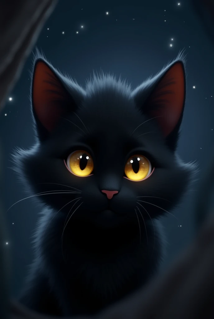 An animated black cat peeking out with only its big yellow eyes and dilated pupils visible, and behind there is a dark background with stars as if it were the sky, You can only see half of his face peeking out from the bottom