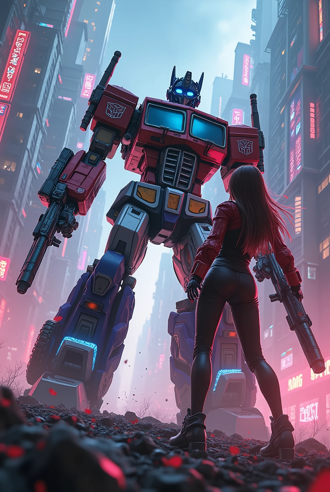 Optimus Prime and Momoe Sawaki, highly detailed, intricate mecha design, cyberpunk cityscape, neon lights, cinematic lighting, dynamic action pose, mechanical limbs, glowing energy effects, photorealistic, 8k, (best quality, 4k, 8k, highres, masterpiece:1.2), ultra-detailed, (realistic, photorealistic, photo-realistic:1.37), advanced robotics, industrial machinery, futuristic technology, dramatic shadows, vivid colors, cinematic composition
