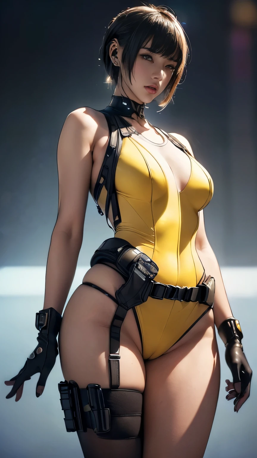 (A woman),(((A female special forces member stands))),((Yellow tactical High leg bodysuit:1.5)),((earphone:1.5)),((Tactical Holster:1.5)),(Gloves:1.5),(Serious:1.5),(Super short hair:1.5),(bionde:1.5),(beautiful eyes:1.3),(Very detailedな顔:1.5),((Very detailed drawing of a female hand:1.5)),((muscular:1.5)),(Sexy appearance:1.5),((Thick thighs:1.5)),(Beautiful Body:1.5),((Very sensual:1.5)),(The backdrop is a futuristic city:1.5),(Cyberpunk atmosphere:1.5),(((Blurred Background:1.5))),(Written border depth:1.5),rest(((masterpiece:1.5),(best quality:1.5),(Very detailed:1.5),(high resolution:1.5),(Practical:1.5),(Practical:1.5),(Delicate depiction),(Carefully drawn))),8k,wallpaper