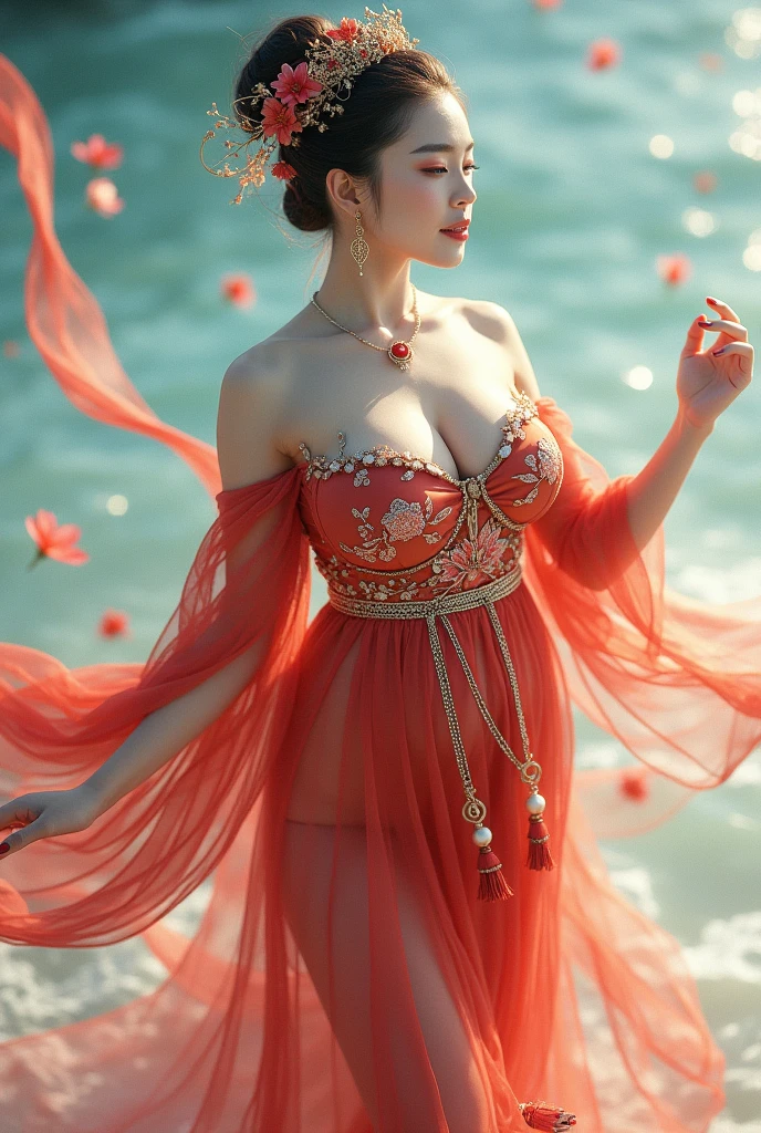 The goddess、coin gold、Thick body、Curvy Body、Curved waist、Large Breasts、White skin、Vermilion dress、Gorgeous outfit embroidered with intricate embroidery、Exposed breasts、Flowing tulle、Long transparent colorful ribbons tied around the arm、China's Cinderella-inspired、belly button、Bare shoulders、Bare neck、Flower Hairpin、bangle ribbon、wreath、wreath、bracelet high bun hair、 anklet、god、(Swimming above the clouds)、Flying gracefully through the sky、Metal chain tassels at waist、Mogao Caves Art、Ink Painting、CGSTATION Pop、On a sunny beach、(whole body))、((Ultra-realistic))