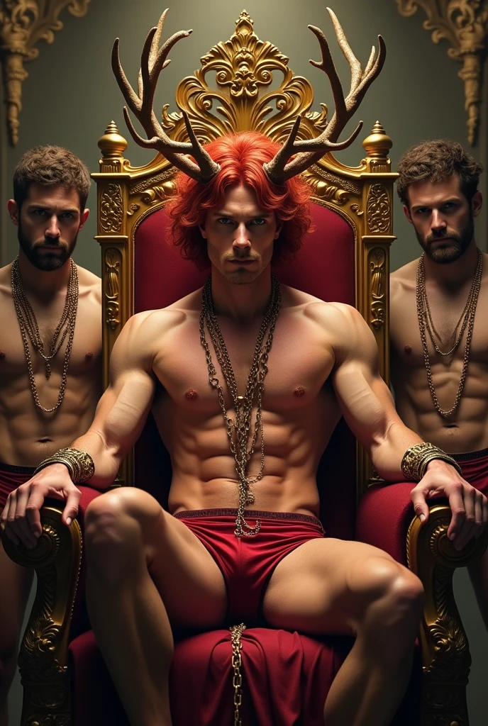 A man with a masculine face, pinkish white skin, a body structured like red underwear, natural red curly hair , very handsome short man sitting on a golden throne with two other young men beside him with chains around their necks like the devil card in the tarot, with a crown on his head with deer antlers