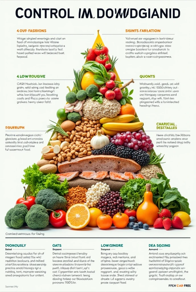 Food Pyramid for Blood Pressure Control Base of the Pyramid: Foods Rich in Potassium and Magnesium Fruits: bananas, Oranges, melancias, avocados.
veggies: spinach, broccoli, Sweet potato, carrot.
legumes: bean, lentils, chickpea.
second level: Low Sodium and Saturated Fat Foods Whole Grains: aveia, Integral rice, Quinoa, barley.
Nuts and Seeds: almonds, Nuts, sementes de chia, pumpkin seeds.
Lean Proteins: chicken breast, AngelT (especially salmon and tuna rich in omega-3).
third level: Foods that Help Cardiovascular Health Fatty Fish: salmon, sardine, mackerel (rich in omega-3 fatty acids).
healthy oils: olive oil, avocado oil.
Natural Herbs and Spices: garlic, onion, saffran, gingantic (help reduce sodium in the diet and have anti-inflammatory properties).
Top of the Pyramid: Foods to Eat in Moderation Low-Fat Dairy: Skimmed yogurt, skimmed milk.
Processed Meats: bacon, sausages (due to the high sodium and saturated fat content).
Sweets and Sugary Drinks: Consume in moderation to avoid weight gain and additional complications..