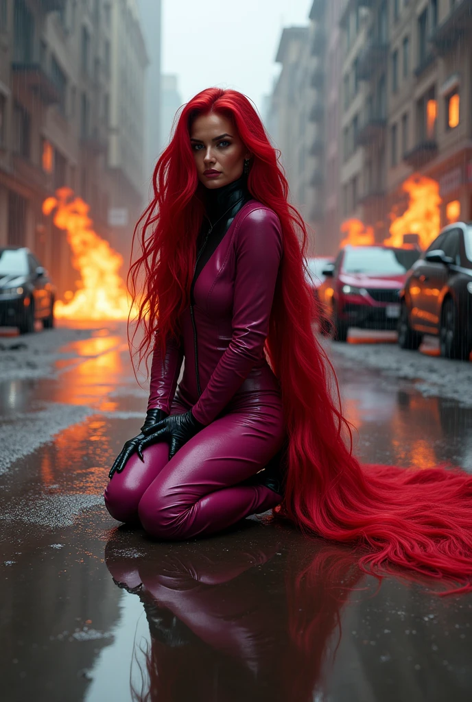 (((A beautiful woman with long, moving hair spread across the image))),(((with extensive long red hair prenzil six feet long)))Adriana Lima wearing (((a fuchsia leather jumpsuit combined with black))) black leather gloves and boots kneeling in a rainy apocalyptic city cars and buildings on fire ((((a long head of six-foot-long red prenzil hair)))) reflection of her in her blood red hair logo Marvel universe
