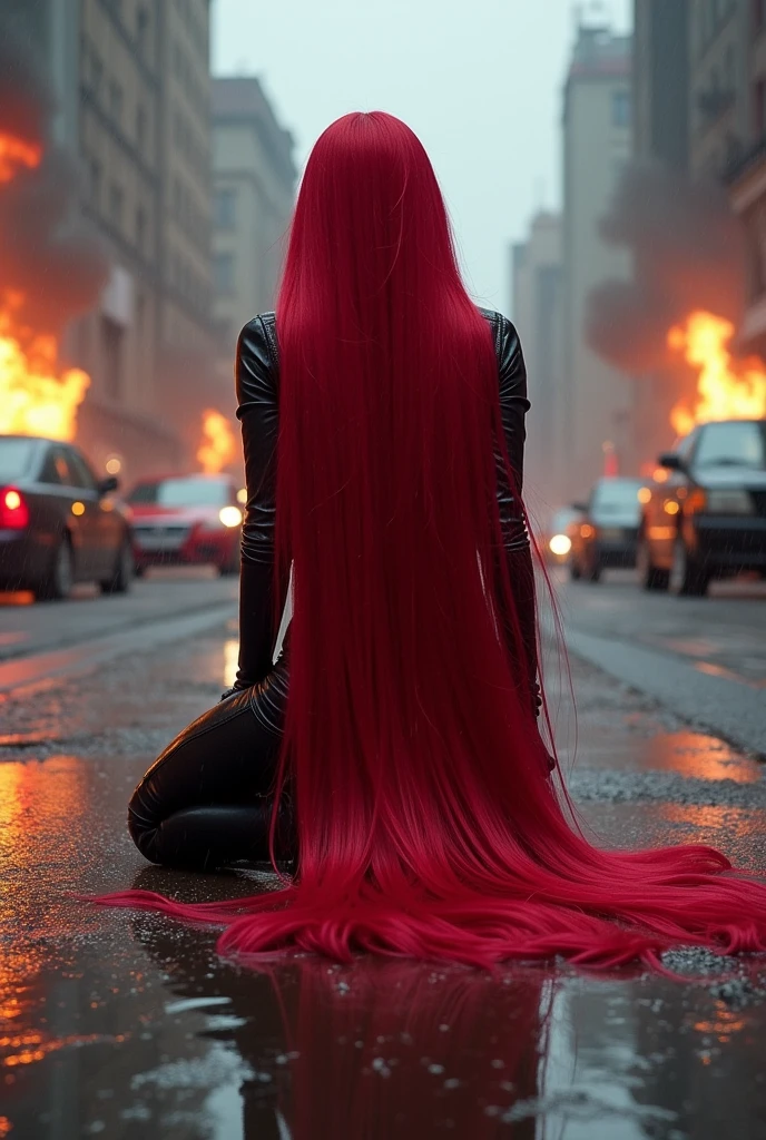 (((A beautiful woman with long, moving hair spread across the image))),(((with extensive long red hair prenzil six feet long)))Adriana Lima wearing (((a fuchsia leather jumpsuit combined with black))) black leather gloves and boots kneeling in a rainy apocalyptic city cars and buildings on fire ((((a long head of six-foot-long red prenzil hair)))) reflection of her in her blood red hair logo Marvel universe