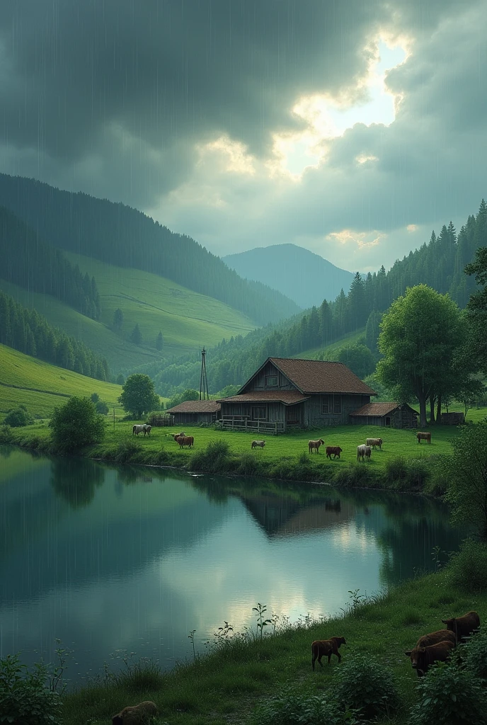 farm with lake on a rainy day
