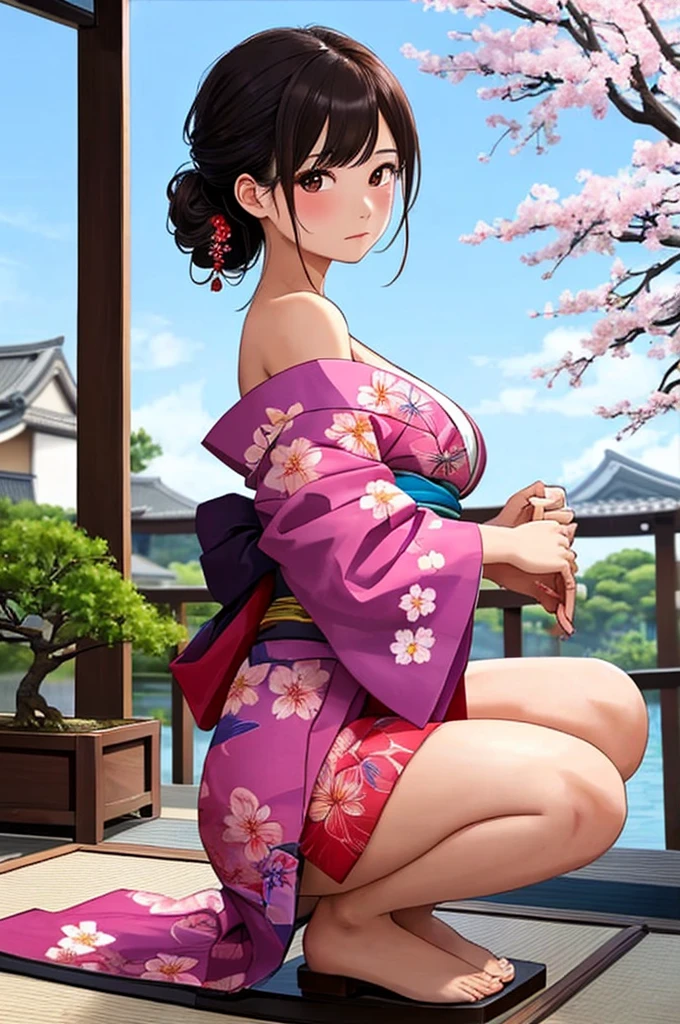 score_9, score_8_up, score_7_up, score_6_up, score_5_up, score_4_up, sexy asian girl, 1girl, japanese geisha, updo, looking at viewer, small pink nipples, large breasts, 20 years old, face close up, half body portrait, big brown eyes, nihongami, modest, seducing viewer, hearts, posing, sexy pose, solo, blue floral kimono, off shoulder, bonsai, sakura, worried, blushing, cowgirl position, cherry blossom, submission, sunset, cinematic lighting, semi realistic, side view, (young:1.2), wild sex, semi realistic, imminent orgasm, blushing, open mouth, squatting, bouncing hard