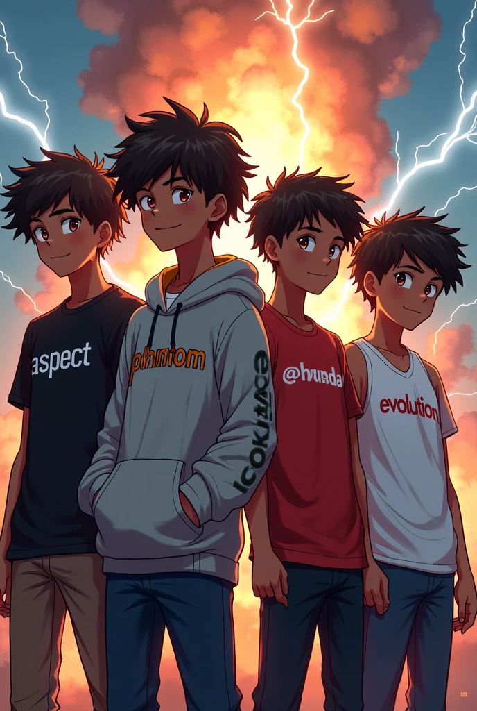 A squad of teen boys,all chocolate skin, all wearing black skin jeans,one boy with a black t-shirt written ASPECT on it ,one boy in a grey hoodie written PHANTOM on it ,one boy with a red t-shirt written SHADOW@VANDA,one boy with a white vest written EVOLUTION on it,all boys with different short hair styles ,an exploding back ground with lightening 