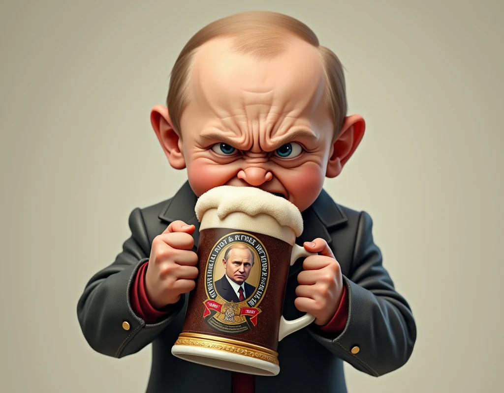 Putin, a very short, small and angry child, drinking dark beer. Put on a beer label