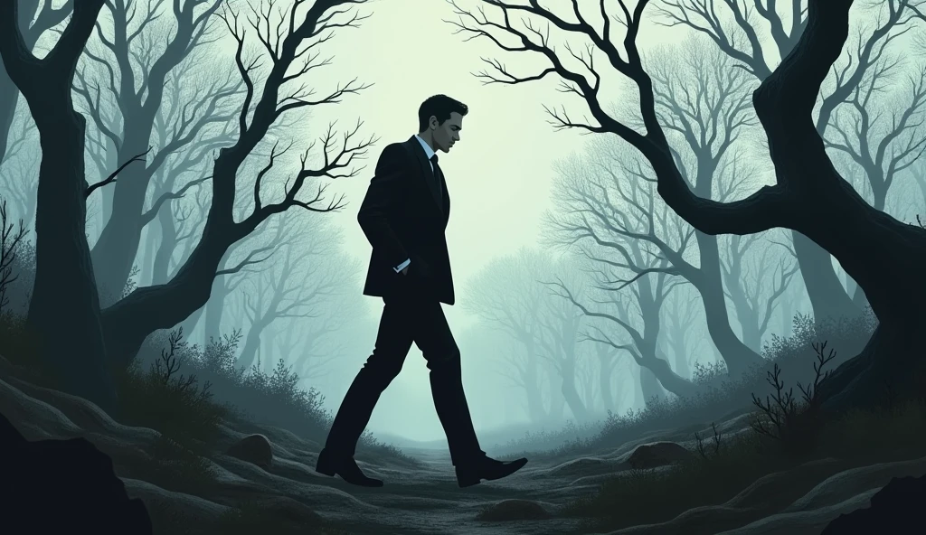 man in black suit walking in a forest with leafless trees, with overcast skies 