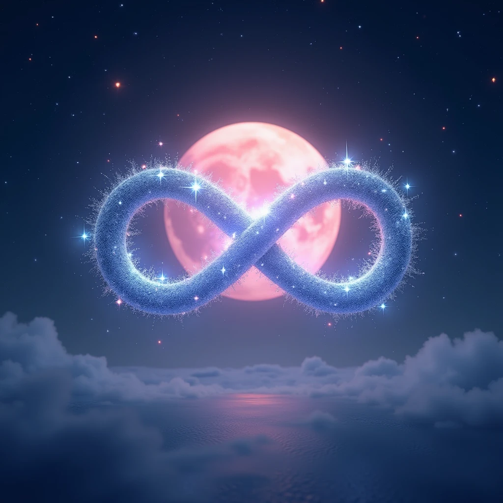High resolution, masterpiece, Highest quality, High detail, Infinity、symbol、Infinity Mark、A shining mark made of sparkling stars、mysterious、myth、Big light pink moon background、Sparkle、Night Sky