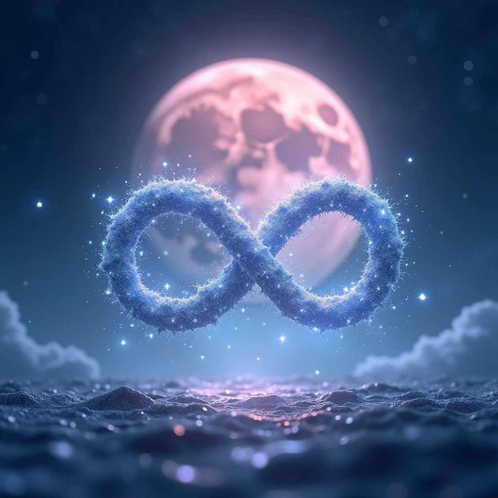 High resolution, masterpiece, Highest quality, High detail, Infinity、symbol、Infinity Mark、A shining mark made of sparkling stars、mysterious、myth、Big light pink moon background、Sparkle、Night Sky