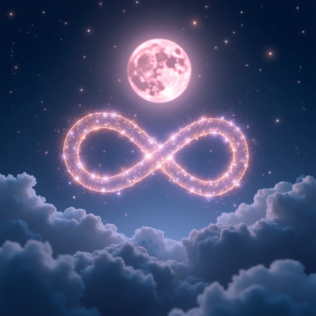 High resolution, masterpiece, Highest quality, High detail, Infinity、symbol、Infinity Mark、A shining mark made of sparkling stars、mysterious、myth、Big light pink moon background、Sparkle、Night Sky