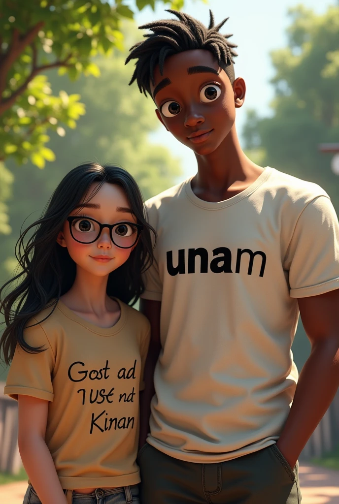 Photorealism of a short white girl with long black hair and glasses wearing a t-shirt with a lettering, and a tall dark-skinned boy, strong, brown eyes with. A t-shirt from una M