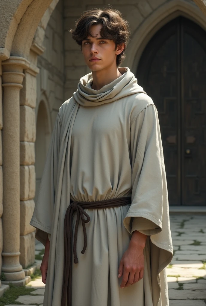 Create a monk of the roman Catholic Church, in a "light" gray robe attire. #Medieval #NoCross #Young