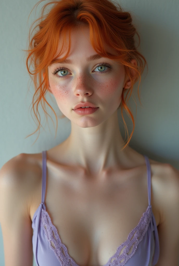 Teenager of Nordic origin, Short red hair with a perfect face and small breasts and light freckles, Greenish blue eyes without light violet underwear, GOOD, linda, sexy and transparent, stupid, full body shot
