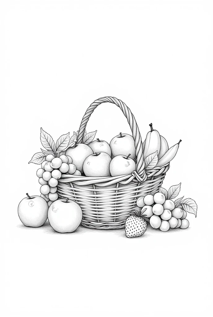Best Quality, High resolution, masterpiece:1.2, ultra detailed, realist :1.37. , White background, monochrome, Line drawing, Sketch., Make sure the lines are clear and well defined for easy coloring.. A basket filled with a variety of fruits such as apples, bananas, Grapes, and strawberries, arranged neatly with leaves peeking out