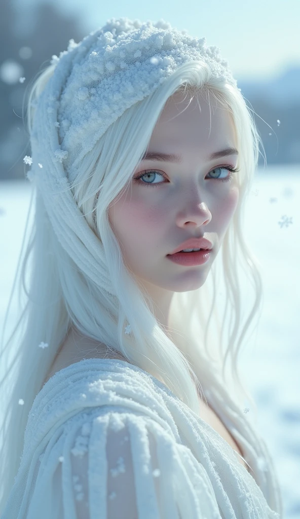 A vast snowy field, Goddess of the Eyes, high resolution, Beautiful Snow Maiden, Flower of the eye, Snow flurries are fluttering, 8k, pathetic