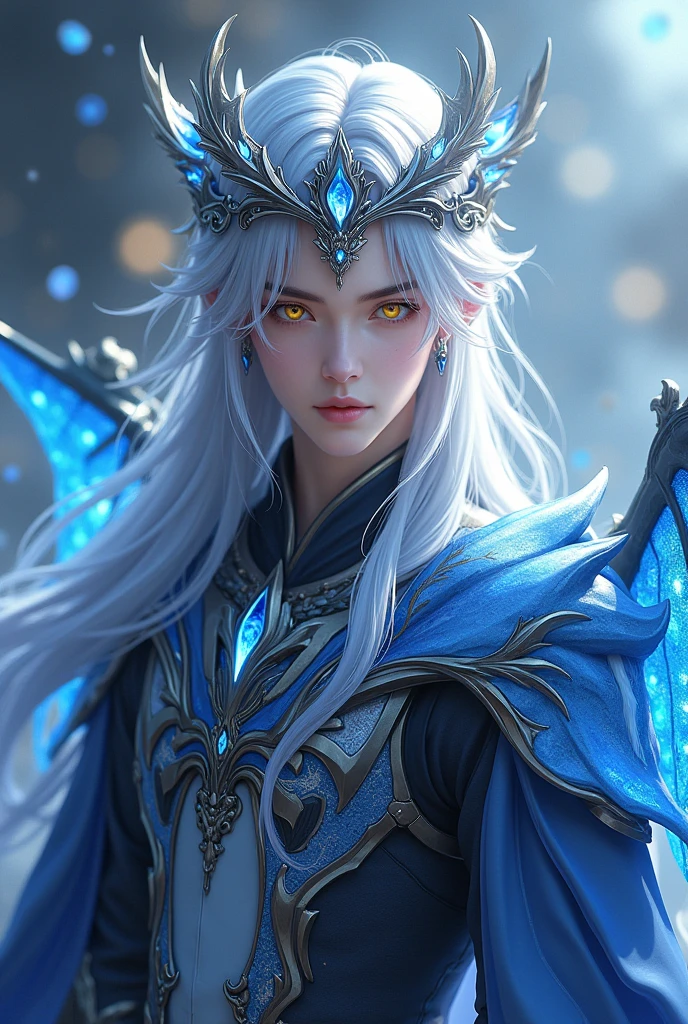 Handsome young man protagonist xianxia,golden amber eyes and long silver hair, sapphire crown floating at top head,Use armour with azure and black color combination featuring like Chinese azure dragon wings at back,ultra hd, better quality