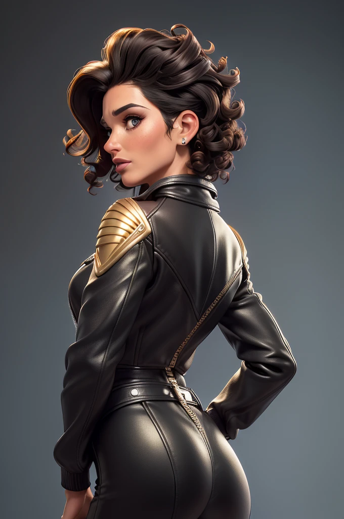 obra prima, melhor qualidade, ((only one woman,)) ((andie macdowell, dark tan skin, short black curly hair, heavy makeup eye shadow, mouth open,)) (((wearing thigh length black leather jacket,))) (((jacket is zipped up, jacket covers waist and ass,))) ((jacket has stiff high collar,)) ((gold pvc gloves,)) body is very skinny, standing up, (((arched back, shoulders leaning way back, head tilted way back, chin up,))) ((camera back view, extreme closeup view of upper body,)) shallow depth of field, highres, HD, 8k, anatomically correct