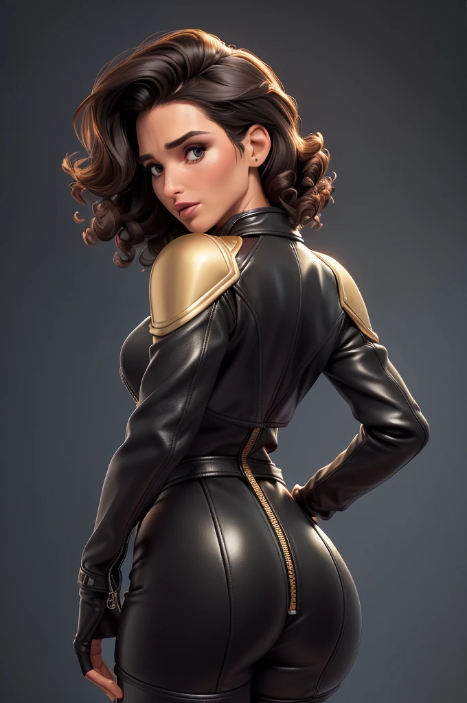 obra prima, melhor qualidade, ((only one woman,)) ((andie macdowell, dark tan skin, short black curly hair, heavy makeup eye shadow, mouth open,)) (((wearing thigh length black leather jacket,))) (((jacket is zipped up, jacket covers waist and ass,))) ((jacket has stiff high collar,)) ((gold pvc gloves,)) body is very skinny, standing up, (((arched back, shoulders leaning way back, head tilted way back, chin up,))) ((camera back view, extreme closeup view of upper body,)) shallow depth of field, highres, HD, 8k, anatomically correct