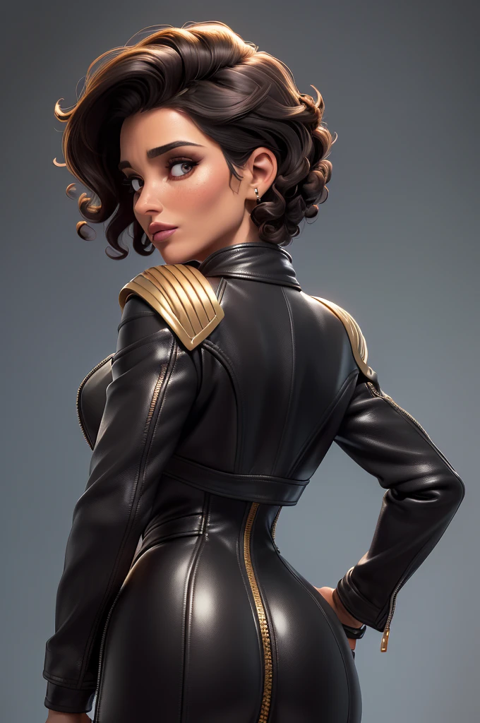 obra prima, melhor qualidade, ((only one woman,)) ((andie macdowell, dark tan skin, short black curly hair, heavy makeup eye shadow, mouth open,)) (((wearing thigh length black leather jacket,))) (((jacket is zipped up, jacket covers waist and ass,))) ((jacket has stiff high collar,)) ((gold pvc gloves,)) body is very skinny, standing up, (((arched back, shoulders leaning way back, head tilted way back, chin up,))) ((camera back view, extreme closeup view of upper body,)) shallow depth of field, highres, HD, 8k, anatomically correct