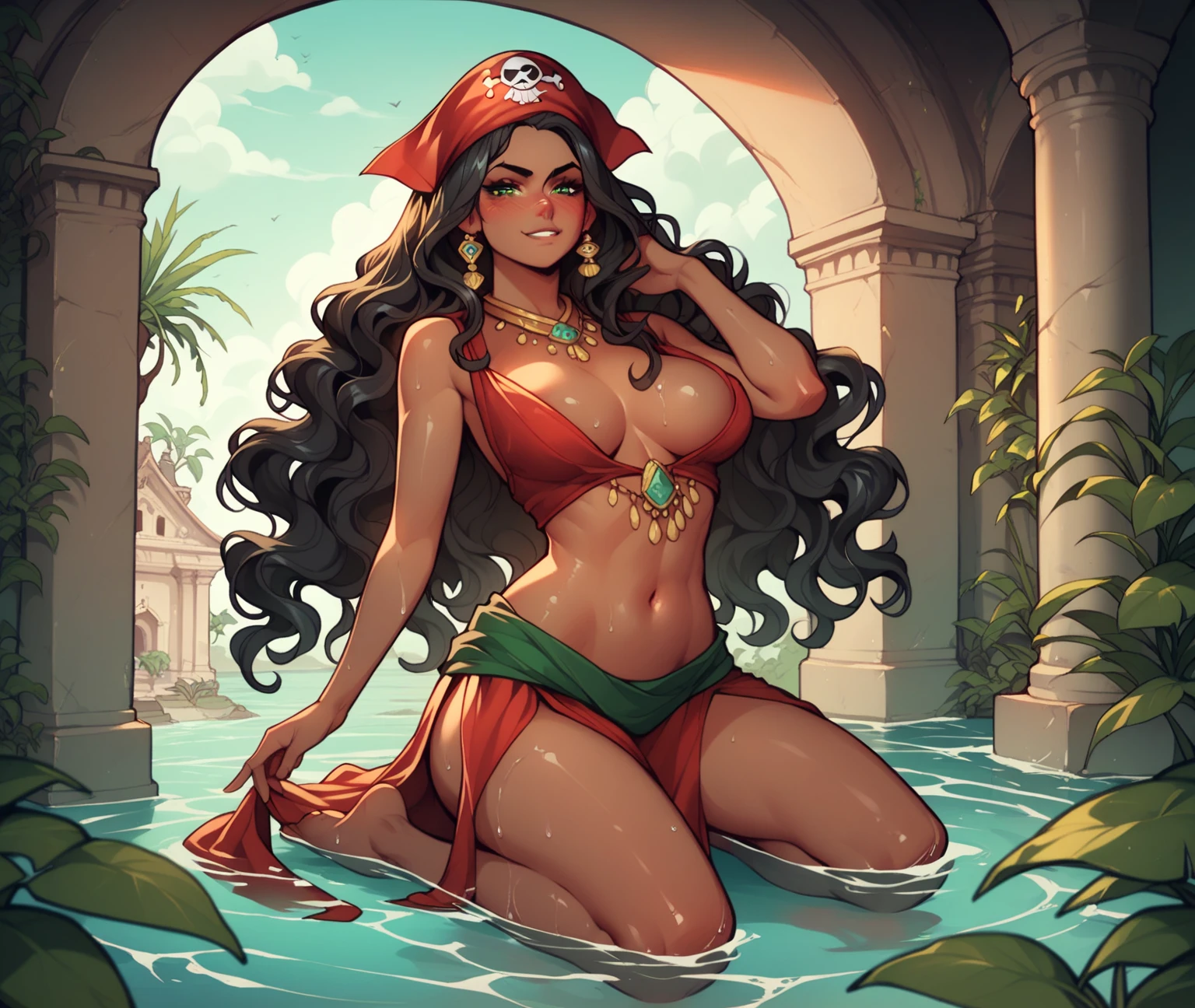Female, Dark Tan Skin, black hair, long wavy hair, green eyes, faint blush, breasts, seductive smirk expression, pirate inspired outfit, hair wet styled down and decorated with bandana, body decorated with jewelery, kneeling in water, large plants and water, ancient cathedral with plants setting.