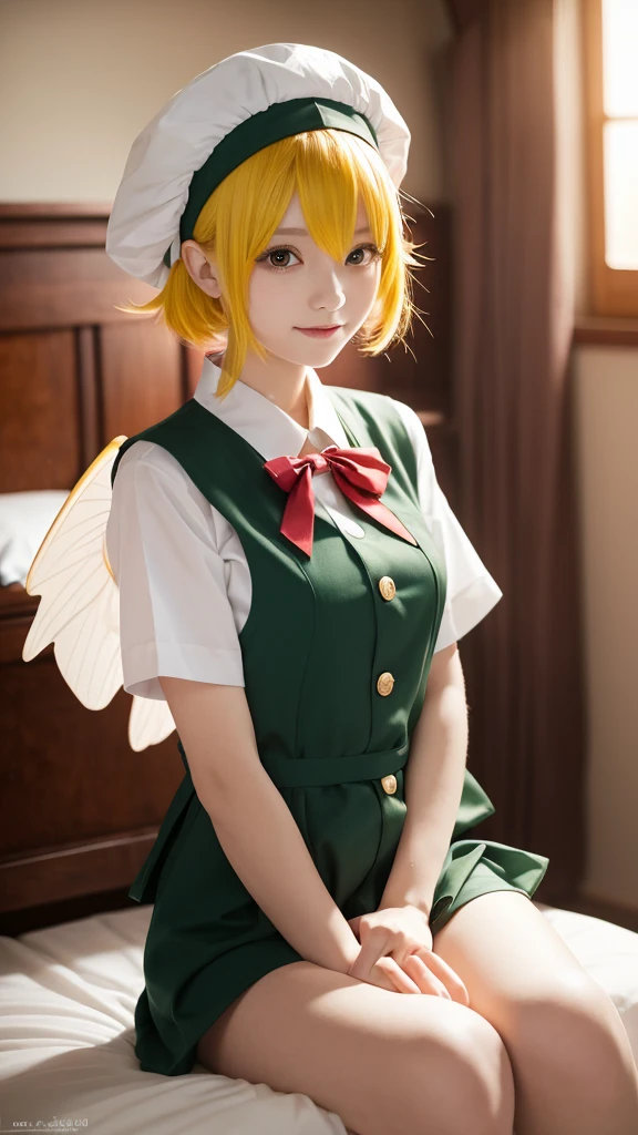 Oriental Project, Flandre Scarlet sitting on the bed in her JK uniform, Clasp your hands around your waist, Bright yellow hair, Warm lighting, Blurred foreground, cute, change, anime, 4K, Devil with wings, Shower cap, masterpiece, Upper Body