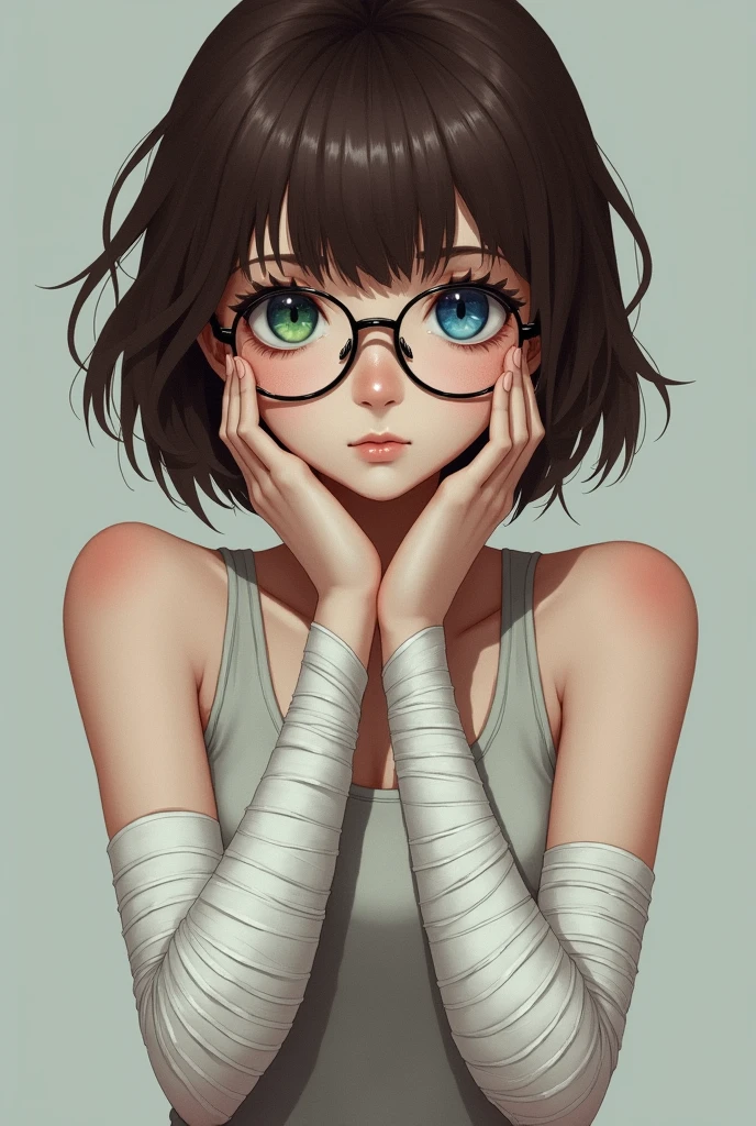 (forgery-v3.0)Girl with short brown hair with bangs, one eye blue and the other green, full body with white bandages on arms and thin round glasses