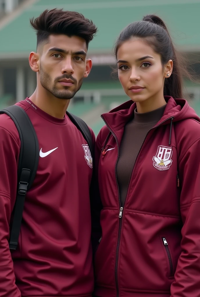 A man and a woman in a maroon sports uniform, with a cherry jacket and a lead t-shirt (that their faces can be seen)