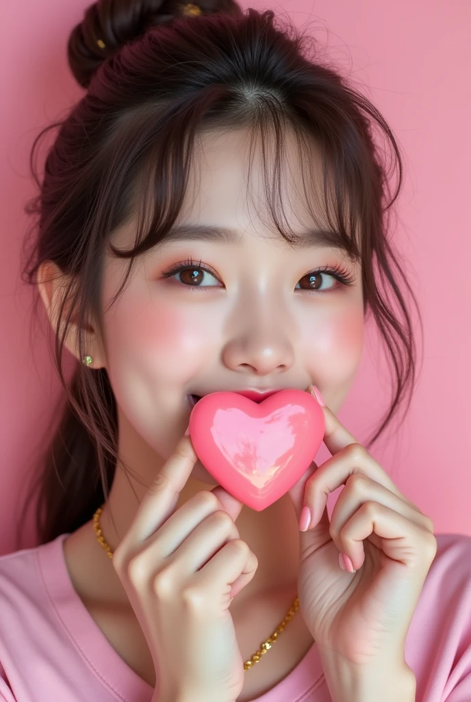 Cute female kpop idol around heart shaped gum 