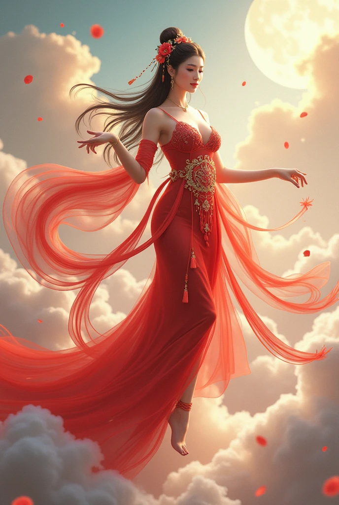 The goddess、coin gold、Thick body、Curvy Body、Curved waist、Large Breasts、White skin、Vermilion dress、Gorgeous outfit embroidered with intricate embroidery、Exposed breasts、Flowing tulle、Long transparent colorful ribbons tied around the arm、China&#39;s Cinderella-inspired、belly button、Bare shoulders、Bare neck、Flower Hairpin、bangle ribbon、wreath、wreath、bracelet high bun hair、 anklet、god、（Floating above the clouds）、Flying gracefully through the sky、Metal chain tassels at waist、Mogao Caves Art、Ink Painting、CGSTATION Pop、On a sunny beach、(whole body))、((Ultra-realistic))