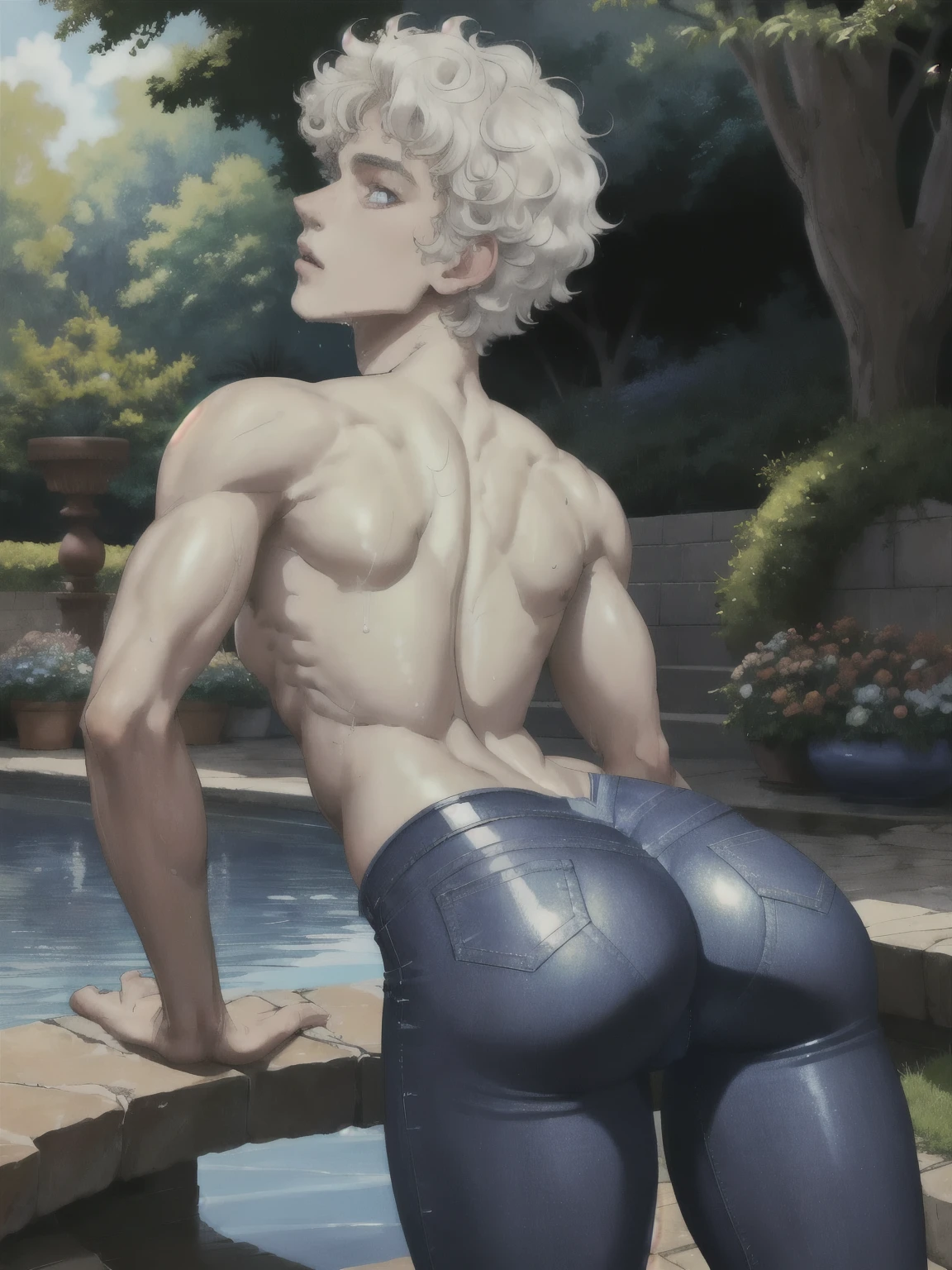 two boys 20 -year-old ((extremely cute and beautiful boy)),digital drawing , Peter Pan examines the buttocks of a 17-year-old European boy,(((big ass))),((curly hair,short hair))),(((white skin,shiny skin,very shiny body,plastic shiny skin,exaggerated ,lit skin,wet legs))),detailed body,cute,slutty,seductive,erotic,(((NFV))), revealing clothes,((blue jeans pants)),,(masterpiece),(Best quality)