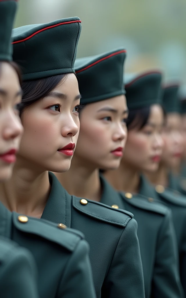 Asian female soldiers stand in a row during the military parade，18-year-old beauty，Fair skin，The facial features are delicate，Beautiful sexy face，Neat military uniform and cap