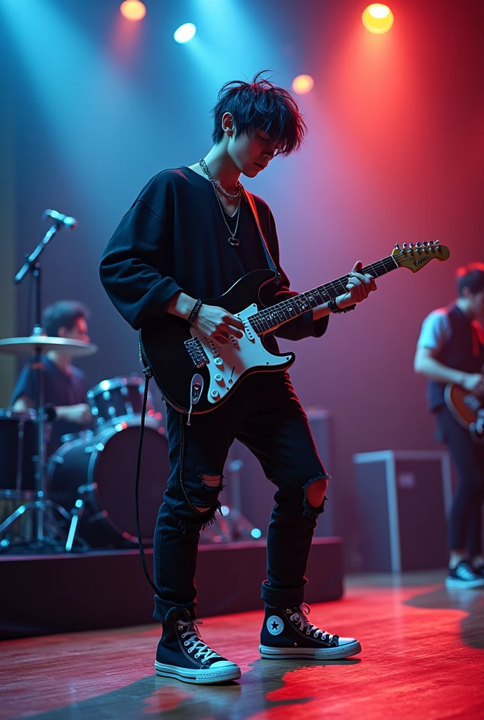 Imagine a handsome asian age , playing electric guitar confidently on a brightly lit stage. His band mate playing music confidently. His black neat messy hair, with streaks of vibrant blue, Around her neck, a thin black bracelet hangs loosely, wearing the black converse with the iconic white star logo contrasting against the polished wooden floor. His attire is both edgy and stylish, a black shirt paired with sleek black boots, completing the captivating image of a talented musician lost in the moment.