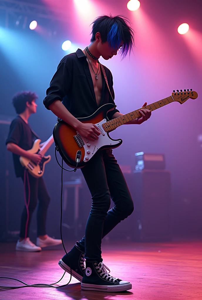 Imagine a handsome asian age , playing electric guitar confidently on a brightly lit stage. His band mate playing music confidently. His black neat messy hair, with streaks of vibrant blue, Around her neck, a thin black bracelet hangs loosely, wearing the black converse with the iconic white star logo contrasting against the polished wooden floor. His attire is both edgy and stylish, a black shirt paired with sleek black boots, completing the captivating image of a talented musician lost in the moment.