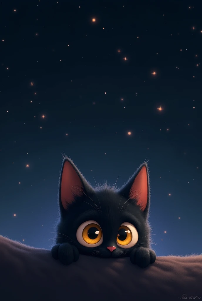 A cute animated black cat peeking out with only its big yellow eyes with dilated pupils visible, and behind there is a dark background with stars as if it were the sky, You can only see half of his face peeking out from the bottom of the image