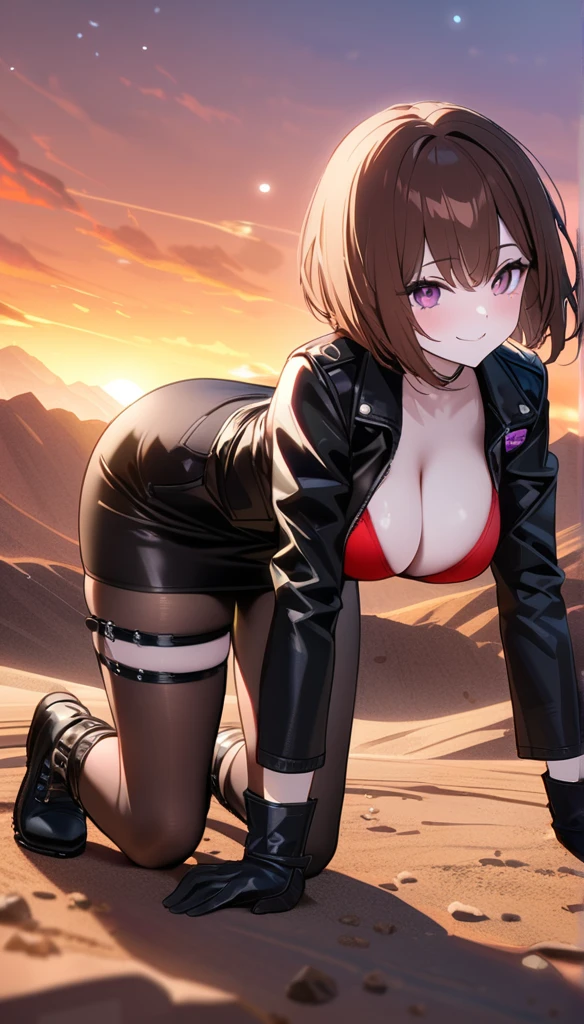 (1 person),(Best image quality, 8k, masterpiece:1.3),((Brown hair bob cut:1.1)),(Swept-apart bangs,Braiding), (Cute eyes, Dark Eyes), (Mole under right eye), (Standard weight), (Large Breasts),(Big Hips), (Glowing Skin:1.1),(Pale skin:1.2),(A fantastic atmosphere),(look up),Ultra-high resolution, Textured skin, Sparkle Effect, Gazing at the audience,Low - Angle,On all fours,Stick your butt out,The body is slim,return,Accentuate your butt,
Black Riders Jacket,Black Mini Skirt,Black leather gloves,Black Leather Boots,Black tights,Leg belt,Leg Ring,
Red sports bra,Red lace panties,Panty shot,
Harleyダビッドソン, Desert Landscape, Rocky Mountain,Rough road,evening,Sunset, Biker gang, A defiant smile,Big motorcycle,Harley,