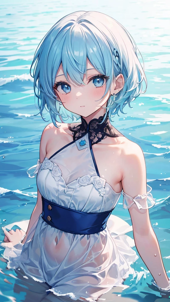 (Highest quality,Very detailed,High resolution,Swimming in the sea),Light blue hair,short hair,cute,blue eyes,I'm wearing a bikini,Her highlights are a bright white.,Her eyes are white and shining,She looks at me happily