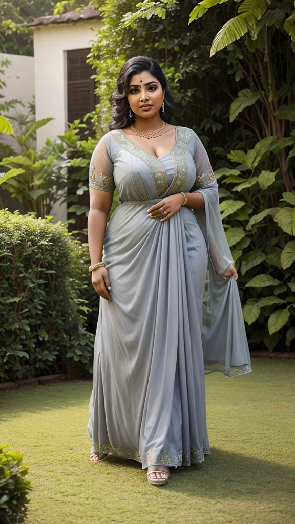 Bedroom scene, A radiant, full-figured South Indian 35 year old aunty a gray colour chiffon short gown, standing, in a garden, captured in a full-body image with vibrant hues and meticulous details. Full body image