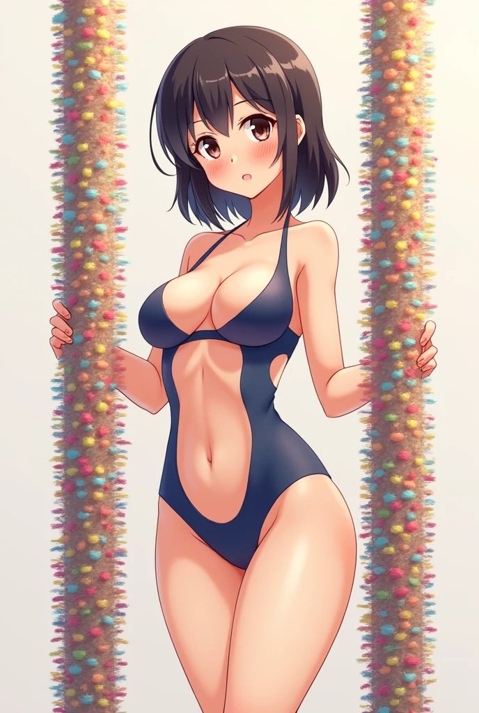 High resolution, Blushing, Highest quality, Anatomically correct, Character portrait, Swimwear、anime, Two large poles、It is densely covered with long colorful fibers.、Similar to Cup Brush、They are lined up without any gaps.、